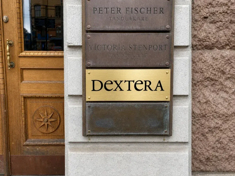 Dextera mässingsskylt på utsidan